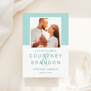 Moderne Teal Blauw Groene Monogram Huwelijksfoto Save The Date