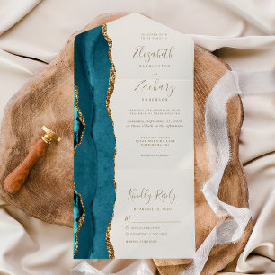 Moderne Teal Blauwe Gouden Agaten Ivoren Trouwkaar All In One Uitnodiging