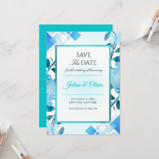 Moderne Teal en Blauwe Geometrische Save the Date Kaart