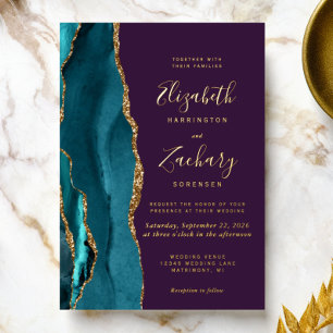 Moderne Teal Goud Agaat Paarse Bruiloft Folie Uitnodiging