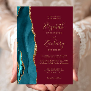 Moderne Teal Gouden Agaat Burgundy Trouwuitnodigin Kaart