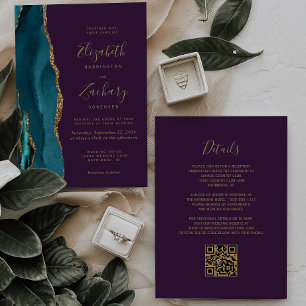 Moderne Teal Gouden Agaat Paarse QR Code Huwelijk Kaart