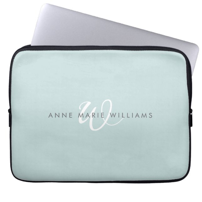 Moderne Teal Groen Witte Script Monogram Laptop Sleeve (Voorkant)