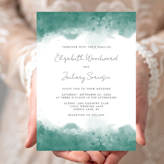 Moderne Teal Watercolor Randen Huwelijk Kaart