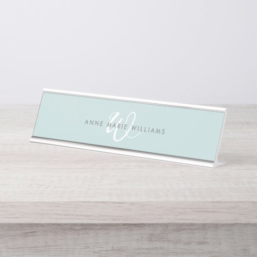 Moderne Teal Witte Script Monogram Bureau Naambordje (Voorkant)