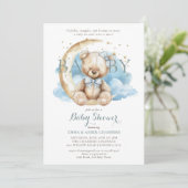 Moderne Teddybeer Maan Sterren Blauw Baby shower Kaart (Staand voorkant)