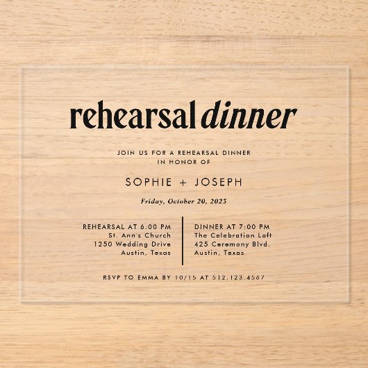 Moderne tekst | repetitiediner acryl uitnodigingen (Voorkant)