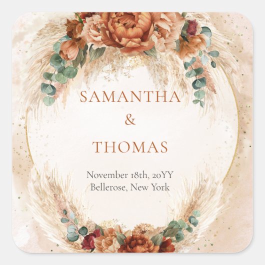 Moderne terracotta bloemetjes bordeaux pampas Stic Vierkante Sticker (Voorkant)