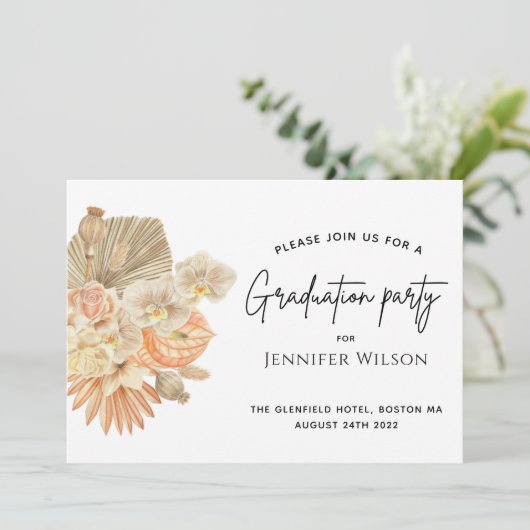 moderne terracotta bohemian pampas graduparty save the date (Staand voorkant)