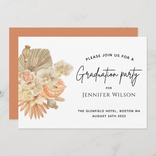 moderne terracotta bohemian pampas graduparty save the date (Voorkant / Achterkant)