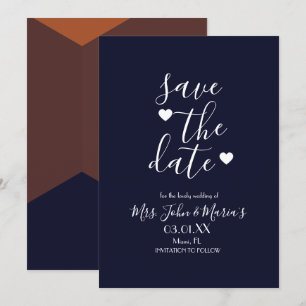 Moderne Terracotta Chocolade Navy Save the Date Kaart