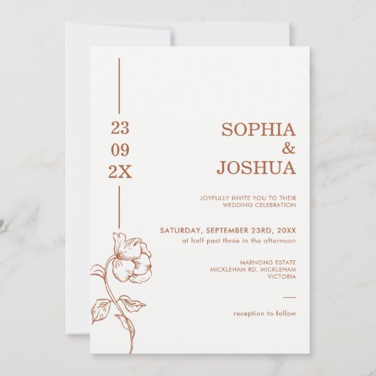 Moderne Terracotta Datumlijn Kunst Bloemen Huwelij Kaart (Voorkant)