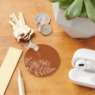 Moderne Terracotta Monogram Bloem Sleutelhanger