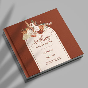 Moderne Terracotta Pampas Grass Boho Boog Huwelijk Gastenboek