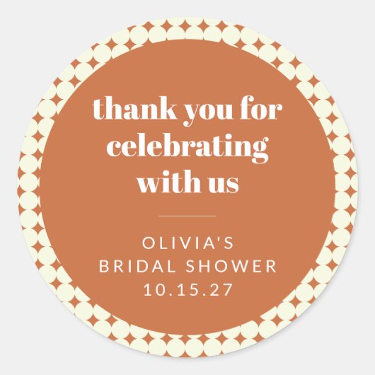 Moderne Terracotta Stippen Bruidsdouche Aangepaste Ronde Sticker (Voorkant)