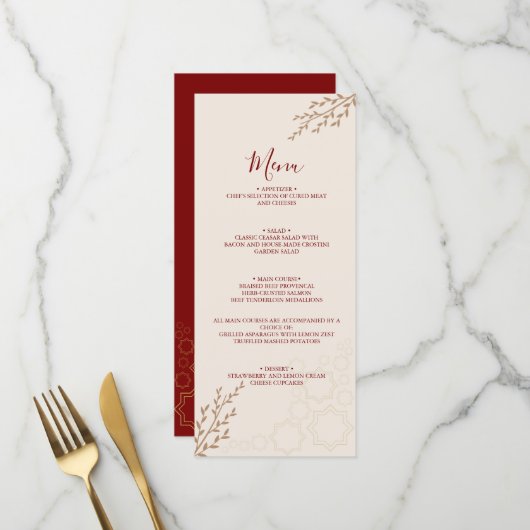 Moderne Terracotta Verbrand Oranje Boho Bruiloft Menu (Voorkant / Achterkant in situ)