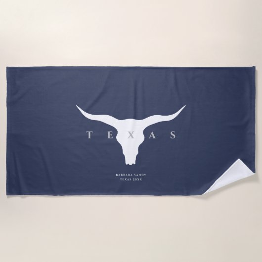 Moderne Texas Longhorn zomer aangepaste naam blauw Strandlaken (Voorkant)