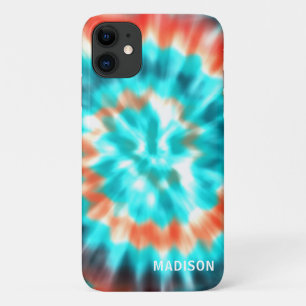 Moderne Tie Dye Blue Oranje, persoonlijke naam iPhone 11 Hoesje