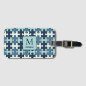 Moderne Tint van Blauwe Puzzel Stukken Monogram Bagagelabel (Voorkant (horizontaal))