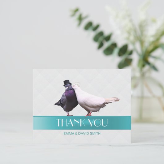 Moderne Tortelduifjes blauw lint Dank u Briefkaart