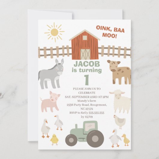 Moderne Tractor Oink Baa Moo 1e Boerderij Verjaard Kaart (Voorkant)