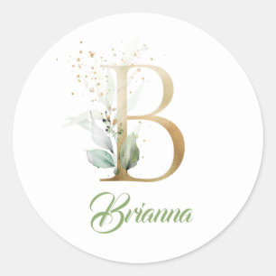 Moderne trendy B monogram groen en bladgoud Ronde Sticker
