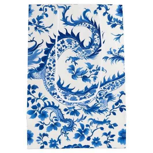 Moderne trendy Blauw en Wit chinoiserie draak Medium Cadeauzakje (Achterkant)