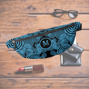 Moderne, trendy blauwe cirkels op zwart monogram heuptasje