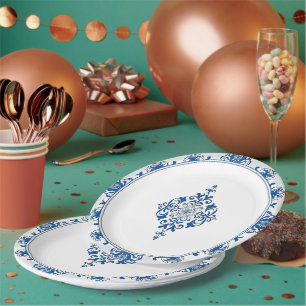 Moderne trendy blauwe en witte porseleinen chinois papieren bordje