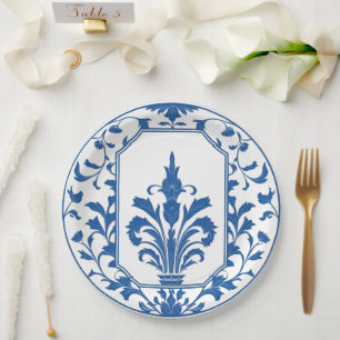 Moderne trendy blauwe en witte porseleinen chinois papieren bordje
