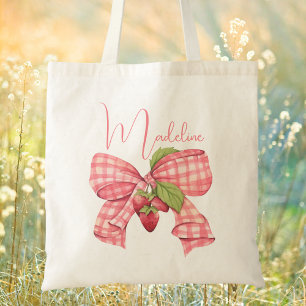 Moderne trendy cute roze strik en aardbei tote bag