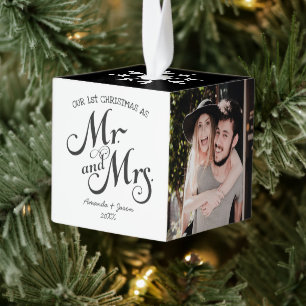 Moderne trendy eerste kerst onlangs getrouwd foto  kubus ornament
