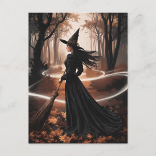 Moderne trendy Halloween-heks in bos Briefkaart