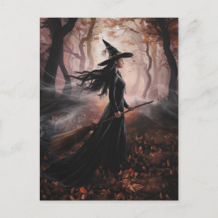 Moderne trendy Halloween-heks in bos Briefkaart