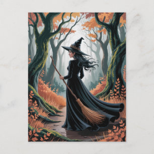 Moderne trendy Halloween-heks in bos Briefkaart