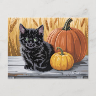 Moderne trendy Halloween pompoenen en zwarte kat Briefkaart