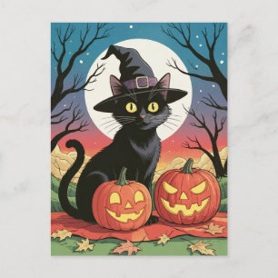 Moderne trendy Halloween pompoenen en zwarte kat Briefkaart