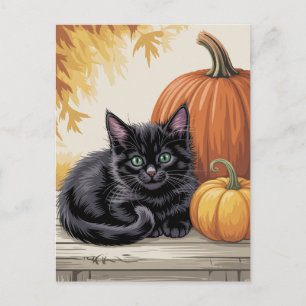 Moderne trendy Halloween pompoenen en zwarte kat Briefkaart