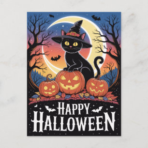 Moderne trendy Halloween pompoenen en zwarte kat Briefkaart