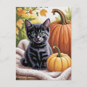 Moderne trendy Halloween pompoenen en zwarte kat Briefkaart