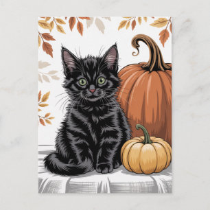 Moderne trendy Halloween pompoenen en zwarte kat  Briefkaart
