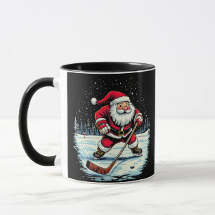 Moderne trendy kerstman die ijshockey speelt mok