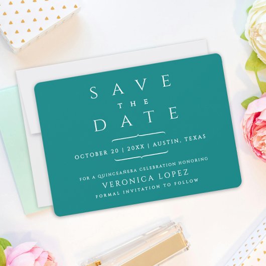 Moderne trendy minimale Blauwgroen mis Quince Años Save The Date