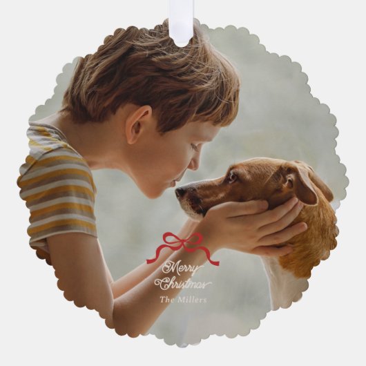 Moderne Trendy Rode Retro Bogen Foto Kerstmis Ornament Kaart (Voorkant)