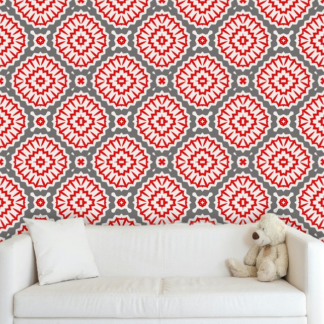 Moderne Trendy Rood Wit Grijs Marokkaanse Motieven Behang (Creator heeft geüpload)