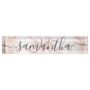 Moderne trendy roos goudglitter marmer monogram naambordje