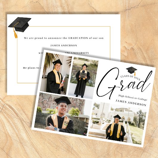 Moderne Trendy Script 4 Foto Collage Afstuderen Aankondiging