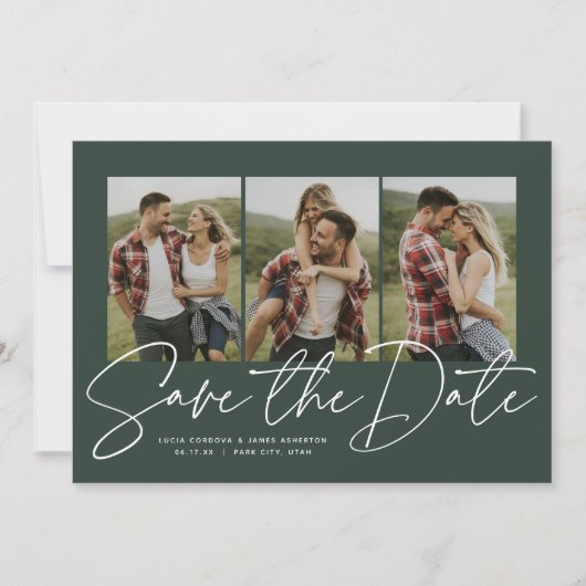 Moderne trendy script drie foto's jachtgroen save the date (Voorkant)