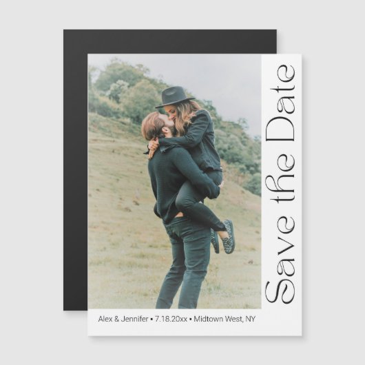 moderne trendy script foto save the date magneet (Voorkant / Achterkant)