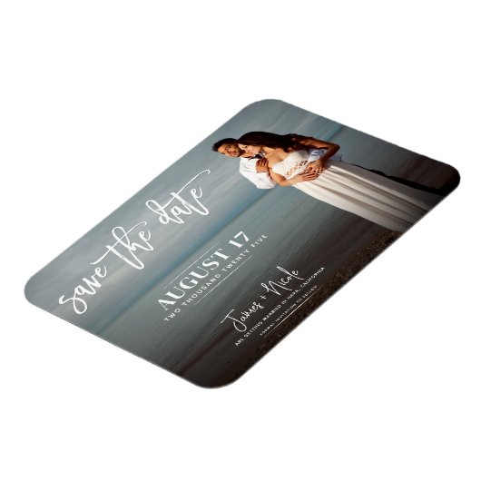 Moderne Trendy Script Photo Save the Date Wedding Magneet (Linkerzijde)